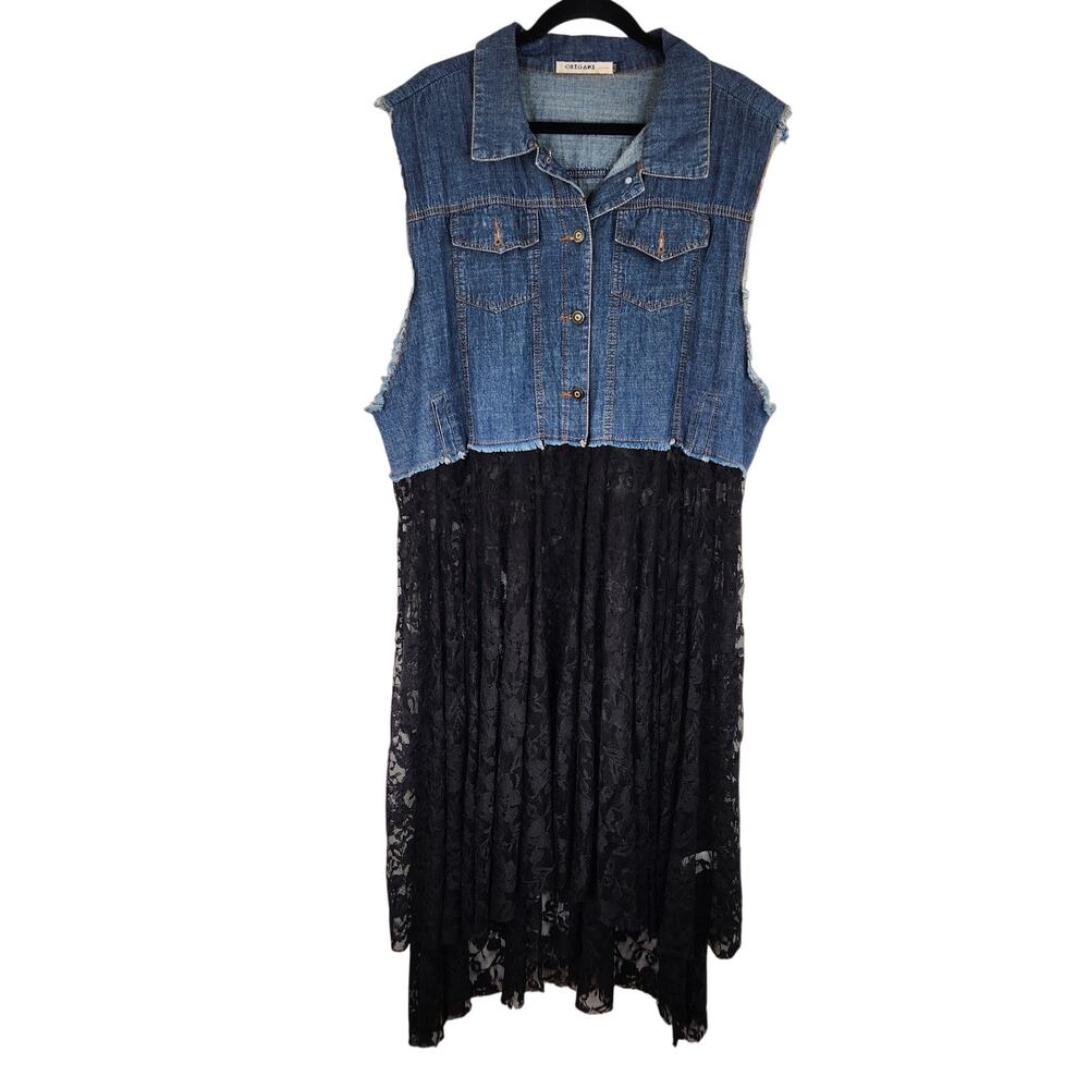 Origami By Vivien Denim Black Lace Button Down Long Vest Top Boutique Western